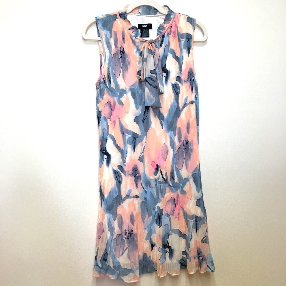 DKNY Floral Sleeveless Pleated Flowy Stretch Dress 4 Pink Blue Spring Wedding